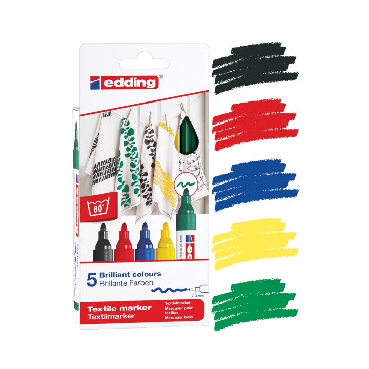 Tekstiilimarker 5tk 2-3mm põhivärvid Tekstiilimarker 5tk 2-3mm põhivärvid