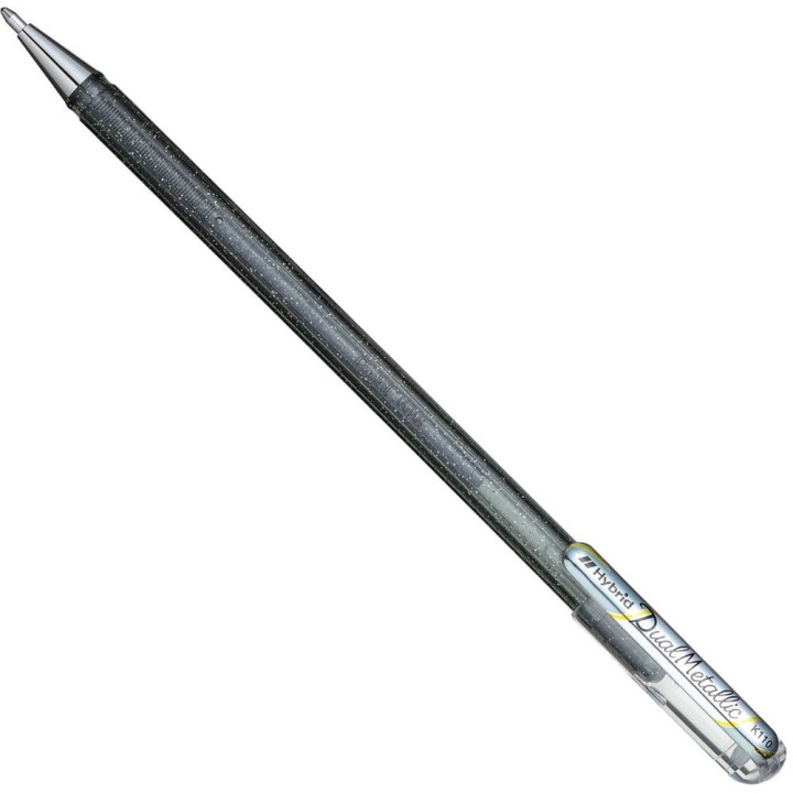 Geelpliiats 1,0mm Pentel DualMetallic glitter hõbe. Geelpliiats 1,0mm Pentel DualMetallic glitter hõbe.