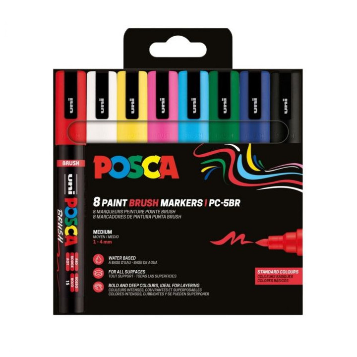 marker uni POSCA PC-5BR 8 põhivärvi  pintseotsaga